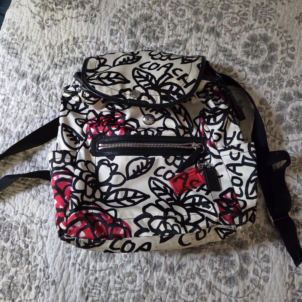 Coach Black and Pink Poppy Floral Backpack